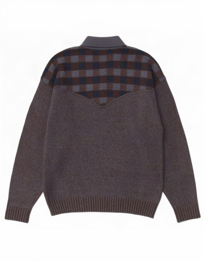 Maglione vintage da uomo con collo a polo, lana a quadri grigi grandi