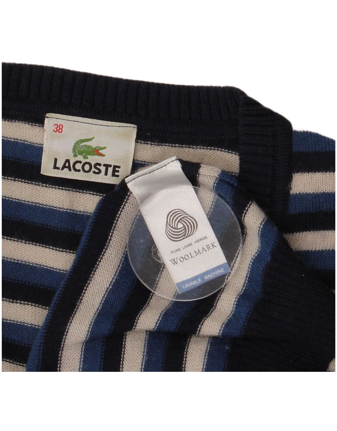 Maglione da donna con scollo a V Lacoste taglia 38 medio in lana a righe blu navy