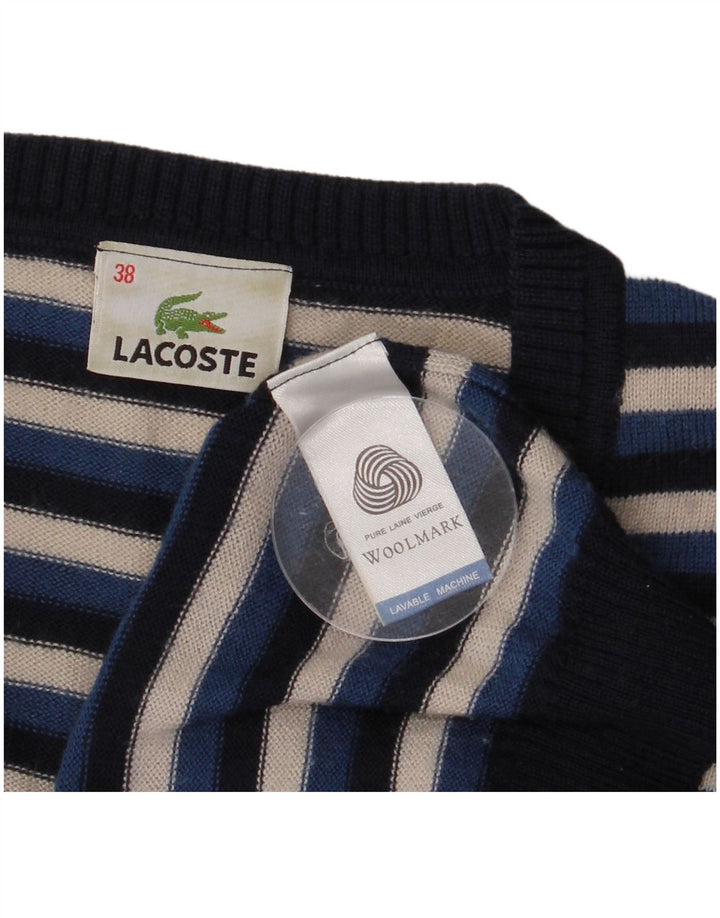 Maglione da donna con scollo a V Lacoste taglia 38 medio in lana a righe blu navy