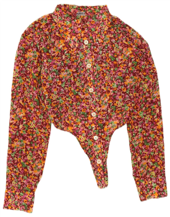 Body vintage da donna a maniche lunghe UK 12 floreale multicolore medio
