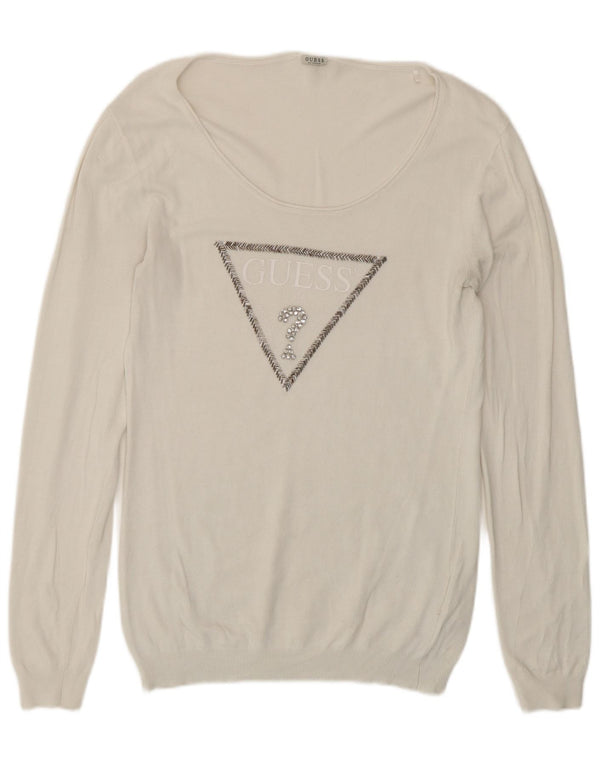 Guess maglione da donna con scollo a barca con grafica UK 16 grande viscosa bianca
