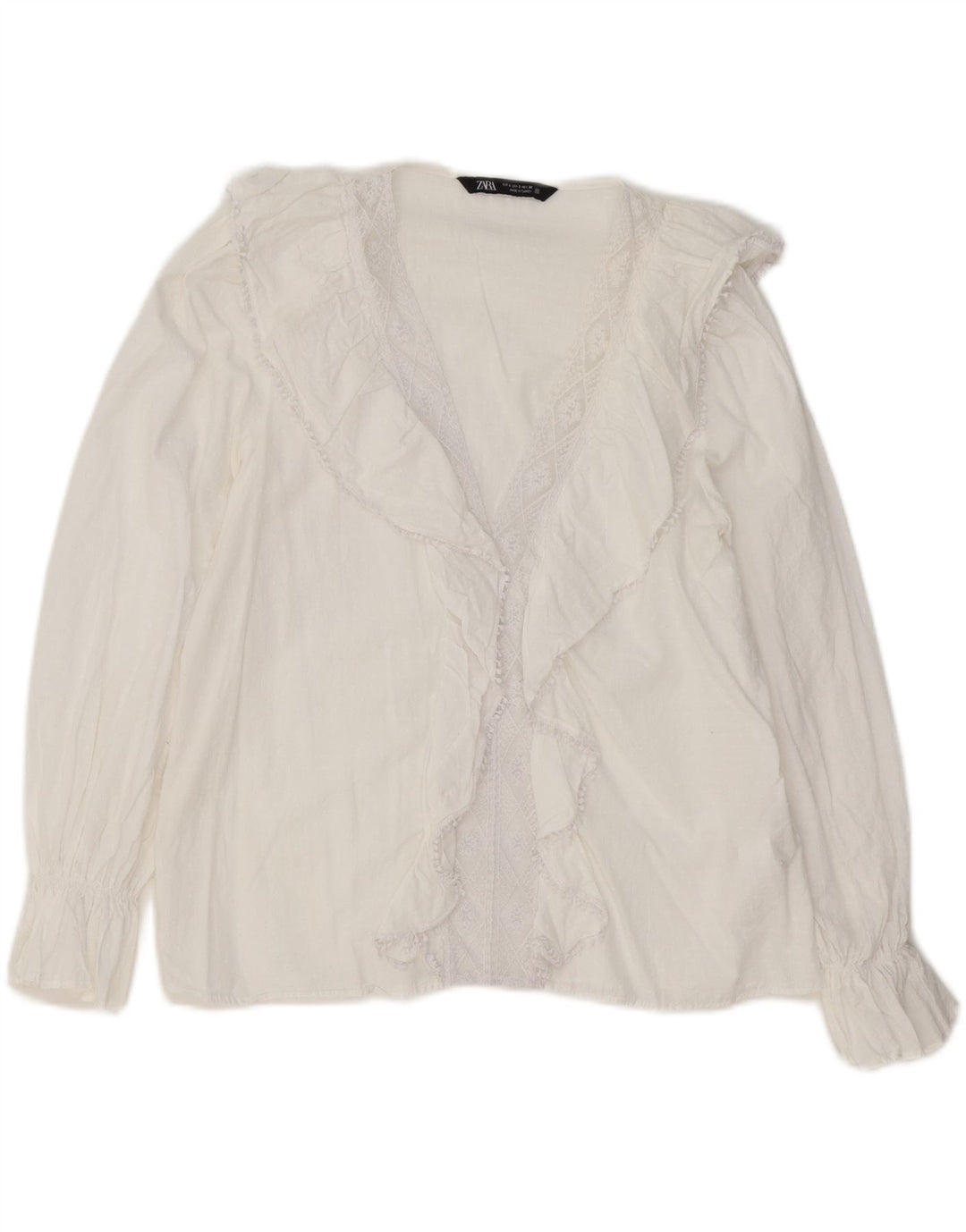 Top Zara da donna a maniche lunghe con volant sul davanti UK 10 piccolo cotone bianco