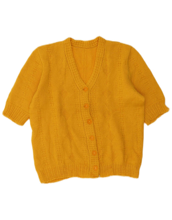 Maglione cardigan a maniche corte da donna vintage UK 14 grande giallo