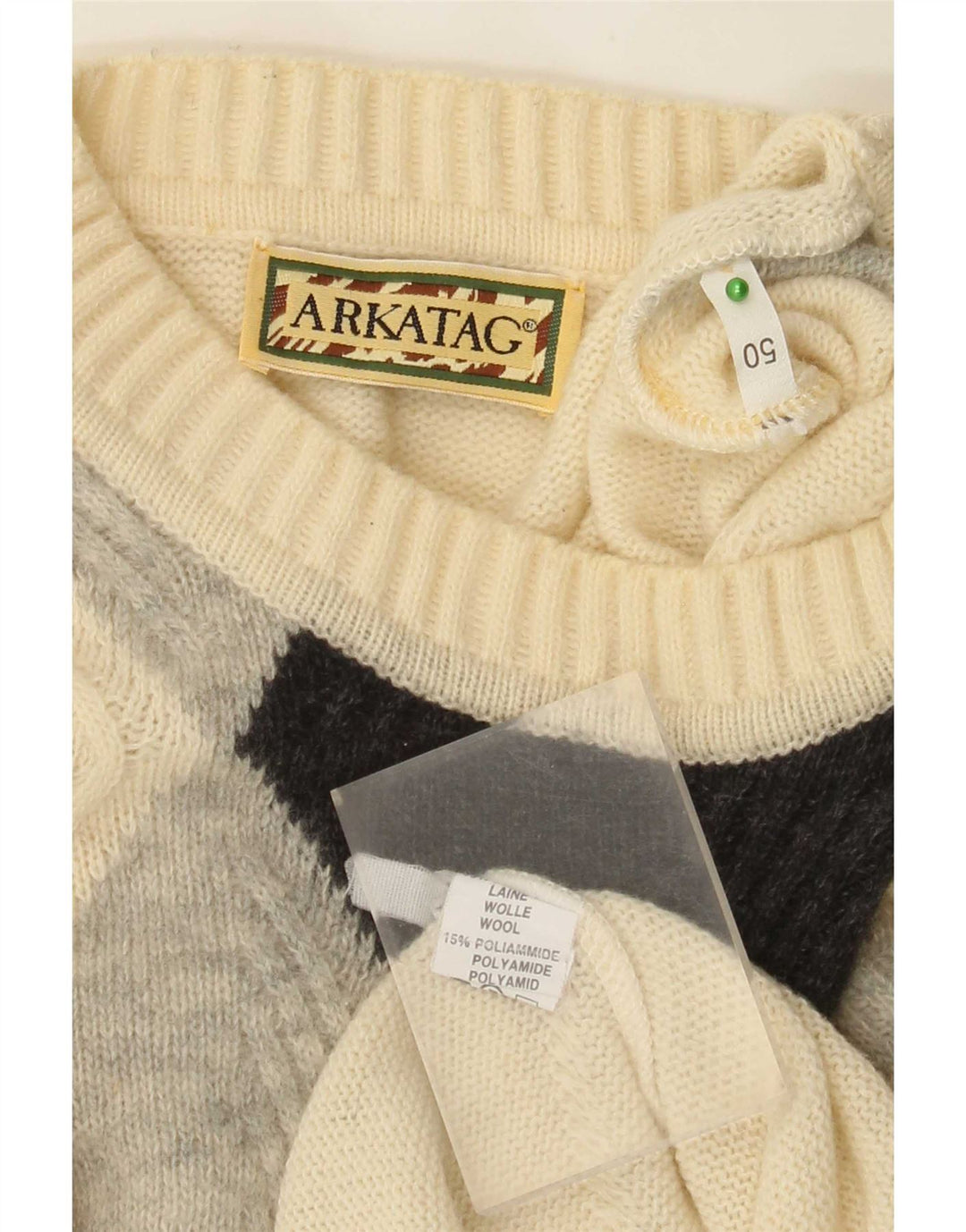 Maglione girocollo da uomo vintage IT 50 medio bianco sporco a rombi/diamante