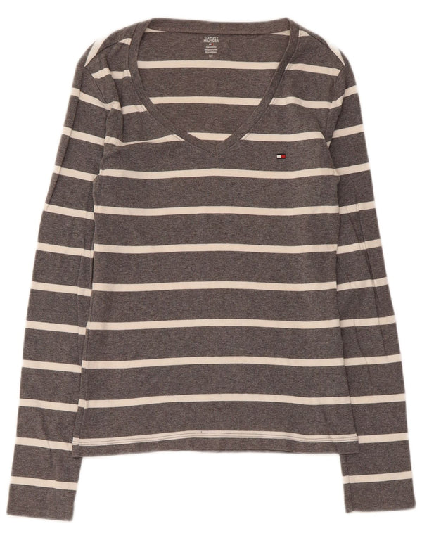 Tommy Hilfiger Donna Top Manica Lunga UK 8 Piccolo Cotone a Righe Grigie