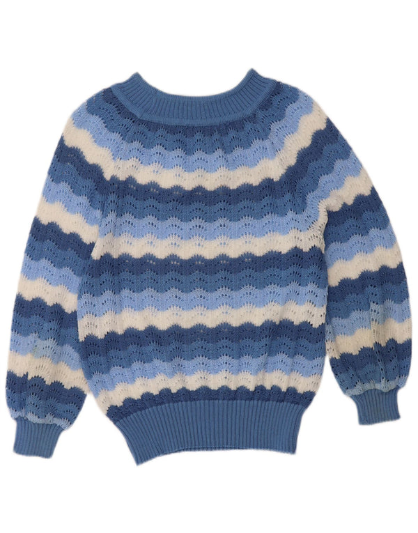 Maglione maglione vintage da donna con scollo a barca UK 12 a righe blu medio