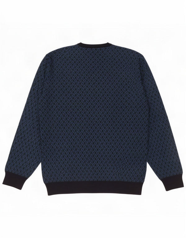Maglione vintage da uomo con scollo a V grande lana geometrica blu