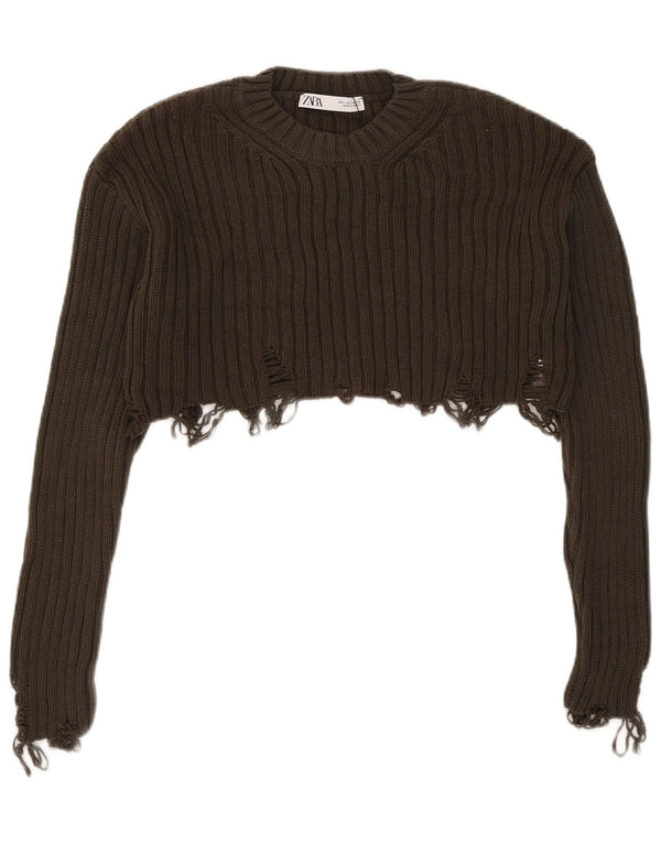 Maglione corto girocollo effetto invecchiato da donna Zara UK 10 piccolo cachi