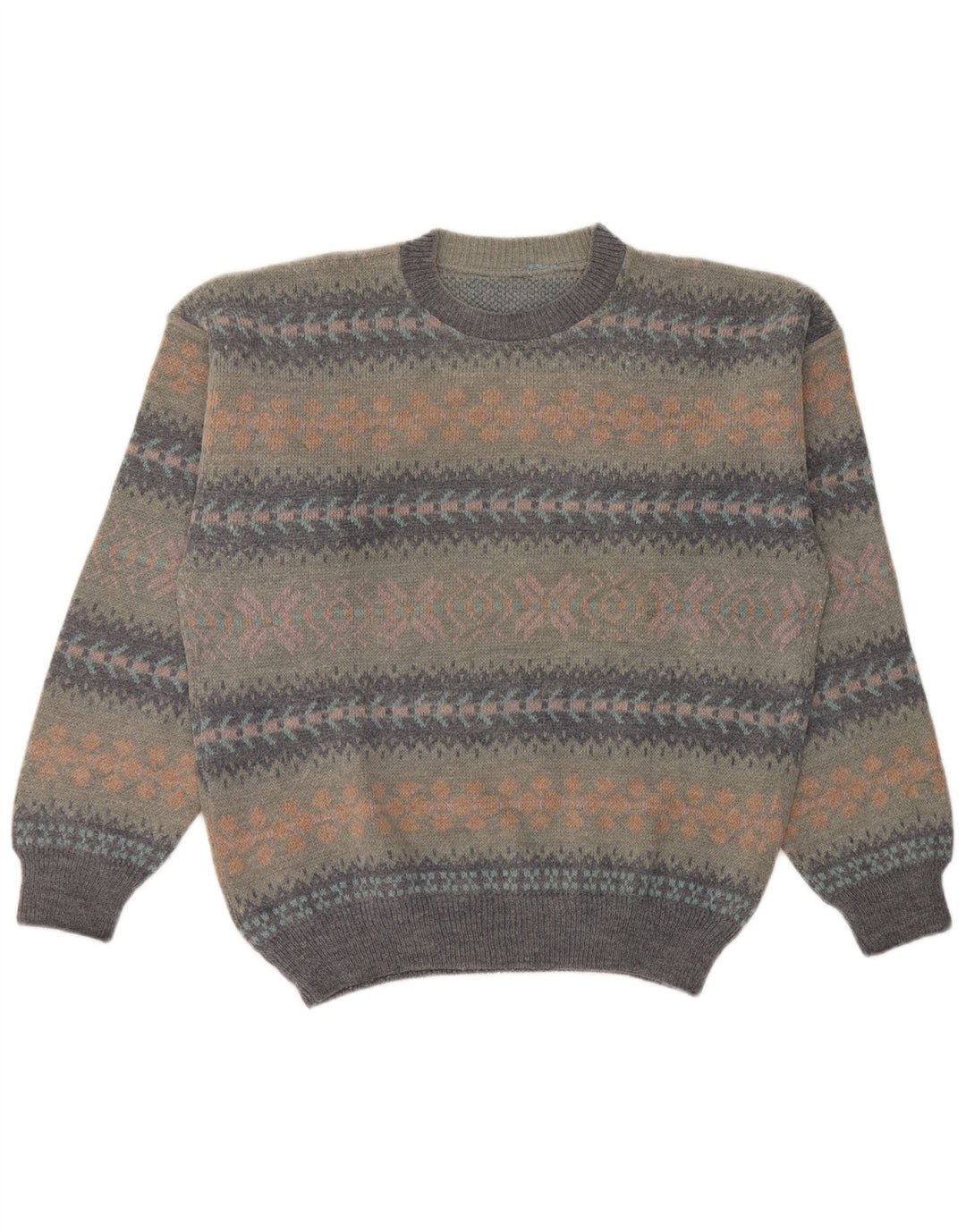 Maglione girocollo da uomo vintage in lana Fair Isle grigia grande