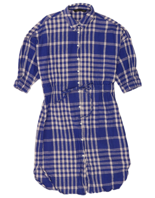 Abito chemisier oversize con maniche a 3/4 Zara da donna UK 10 piccolo lino blu a quadri