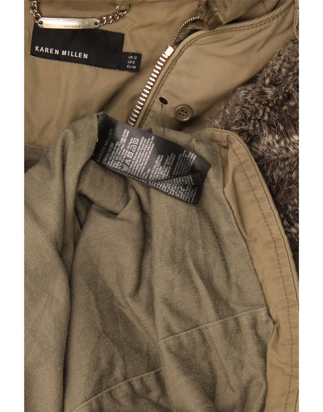 Giacca parka con cappuccio da donna Karen Millen UK 12 medio poliestere kaki