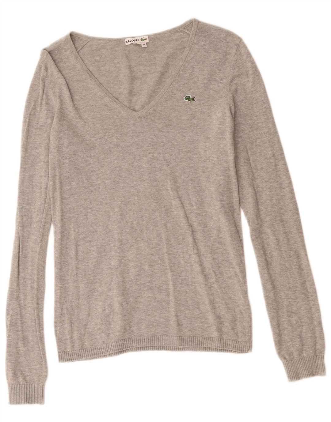 Maglione da donna con scollo a V Lacoste taglia 36 piccolo cotone chiazzato grigio