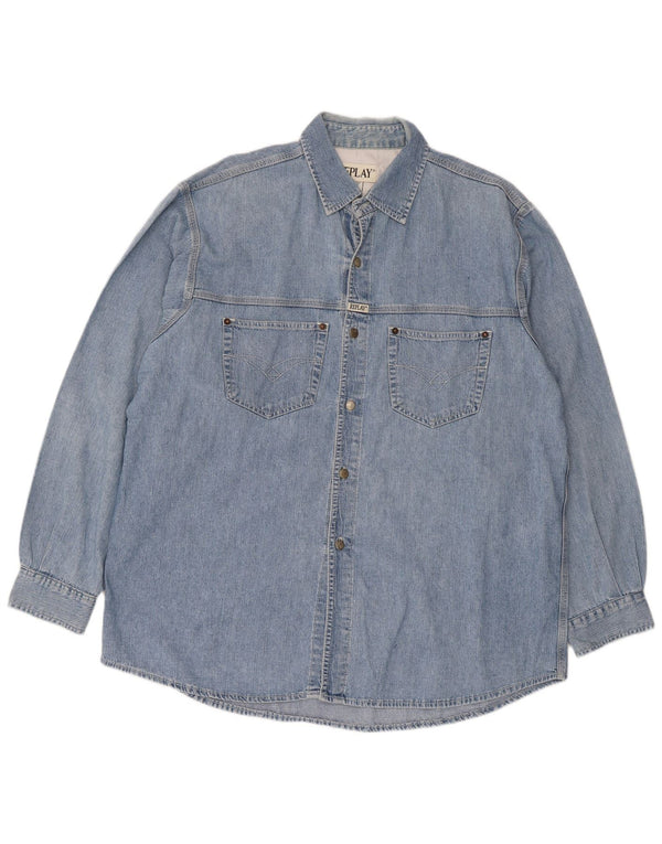 Camicia in denim vestibilità regolare da uomo Replay 2XL cotone blu