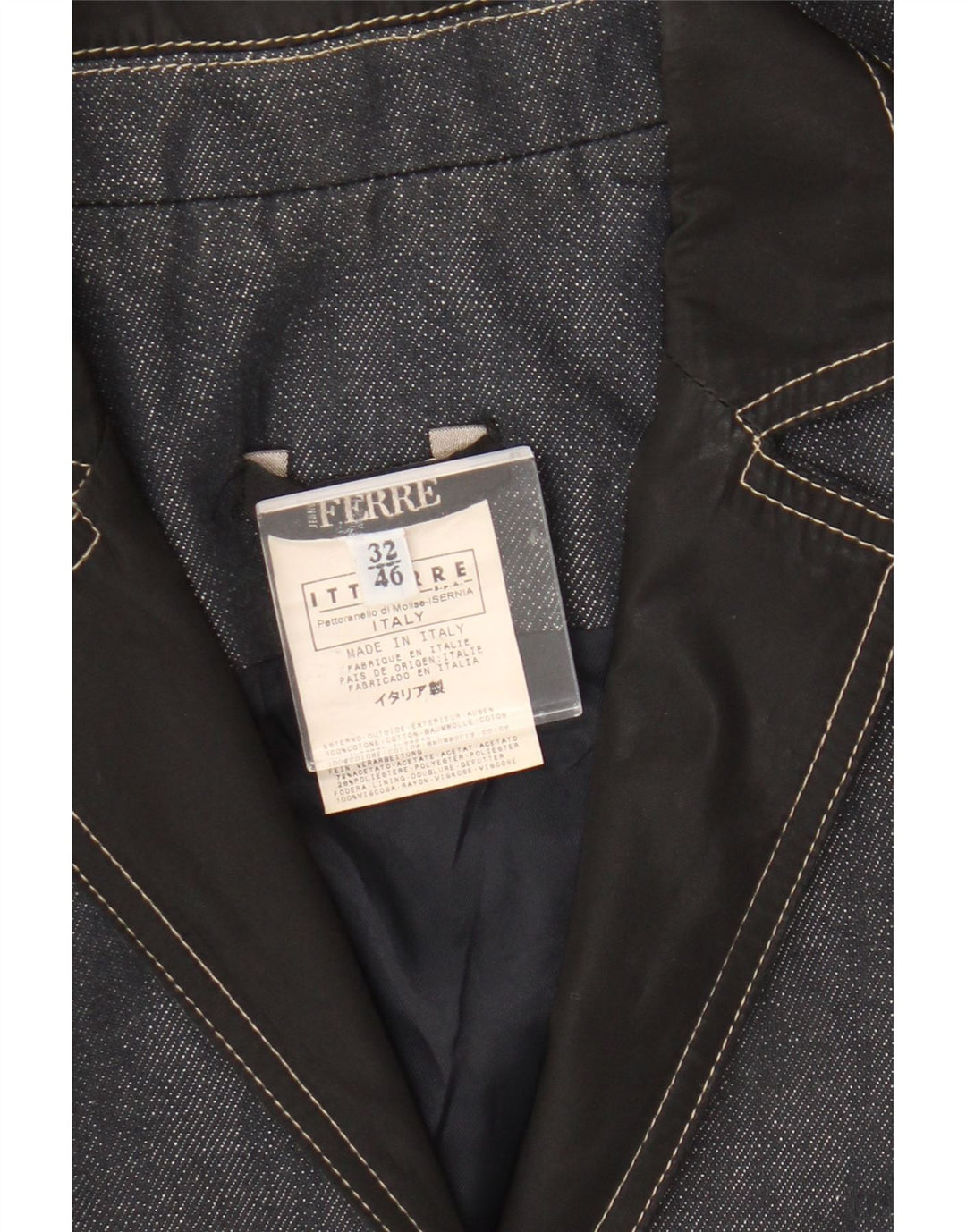 Giacca blazer in denim da donna a 1 bottone Ferre IT 46 grande in cotone blu navy