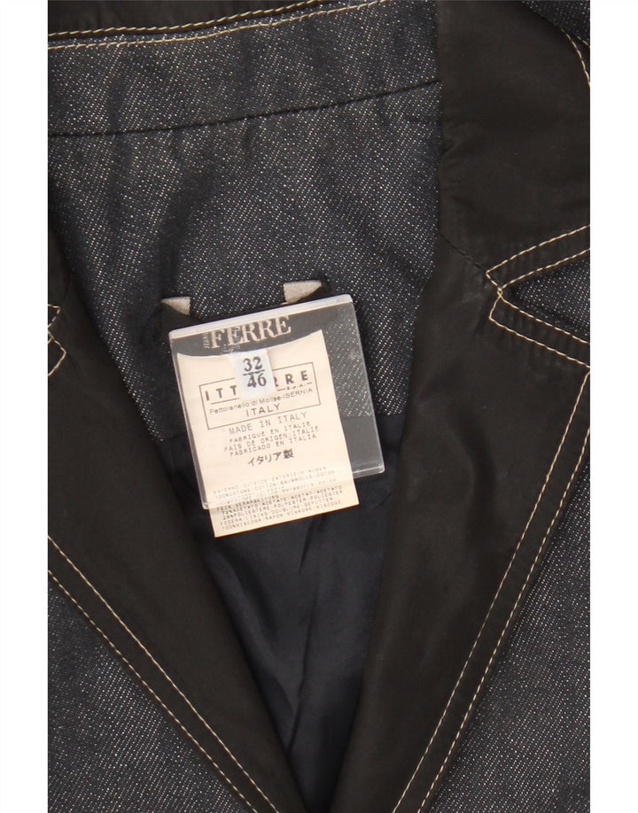 Giacca blazer in denim da donna a 1 bottone Ferre IT 46 grande in cotone blu navy
