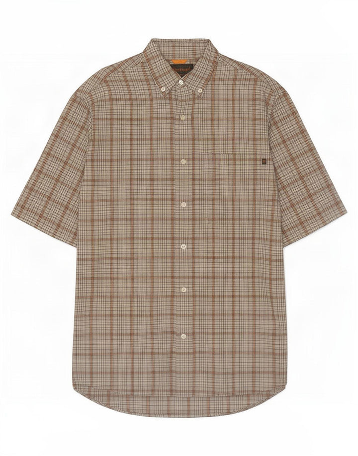 Camicia a maniche corte da uomo Timberland in cotone a quadri grigio medio