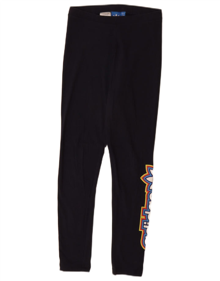 ADIDAS Womens Graphic Leggings UK 8 Small Navy Blue Cotton