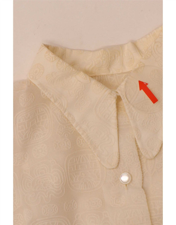 Camicetta camicia vintage da donna con motivo astratto UK 14 medio bianco sporco