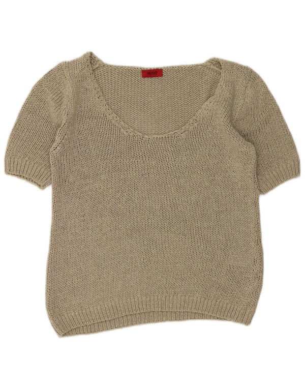 Hugo Boss Maglione da donna a maniche corte con scollo a barca UK 14 Large Cachi