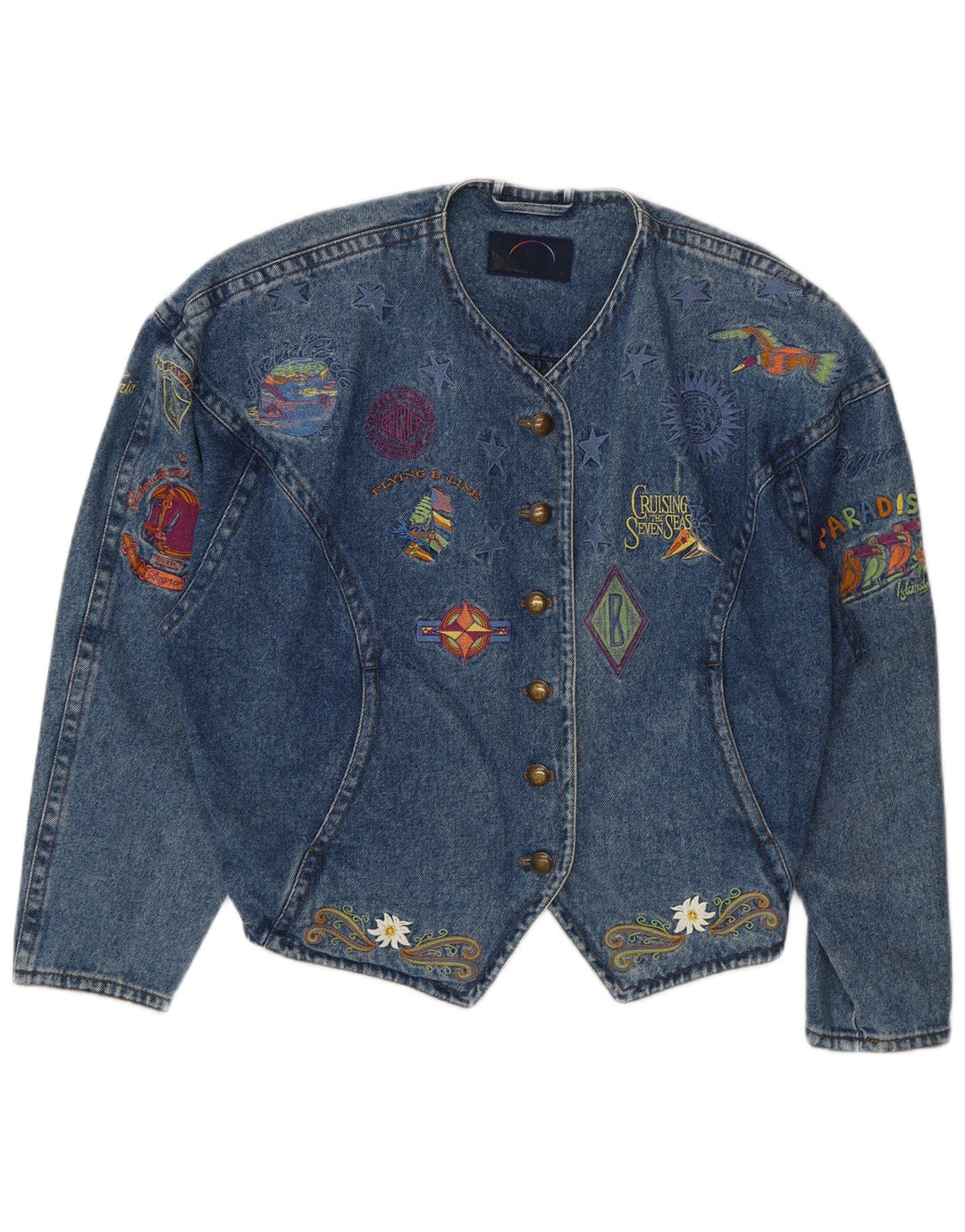 Giacca in denim da donna Bogner Graphic Crop UK 14 Blu medio anni '90