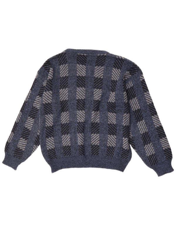 Maglione vintage da uomo con scollo a barchetta medio blu navy a quadri