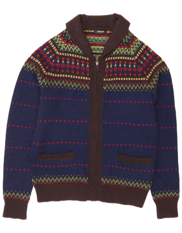 Maglione cardigan con zip intera da uomo Farah, lana Fair Isle, blu medio