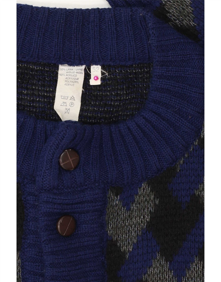 Maglione cardigan da uomo vintage IT 52 Grande lana geometrica blu navy