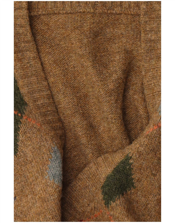 Maglione vintage da uomo con scollo a V marrone medio a rombi/diamante