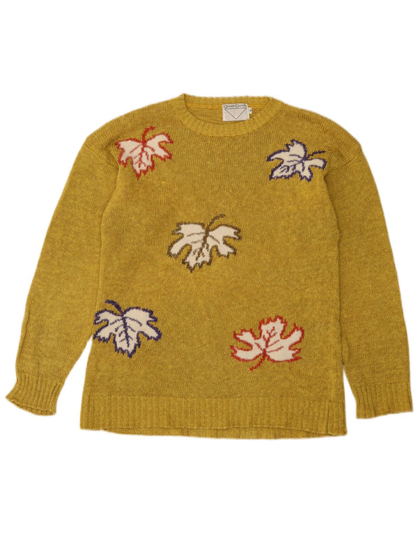 Maglione maglione girocollo con grafica vintage da donna UK 10 piccolo floreale giallo