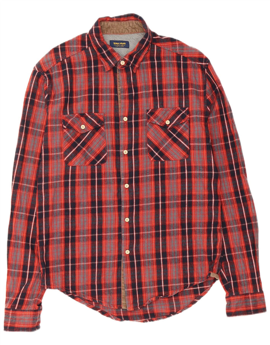ZARA Mens Slim Flannel Shirt Large Red Check Cotton
