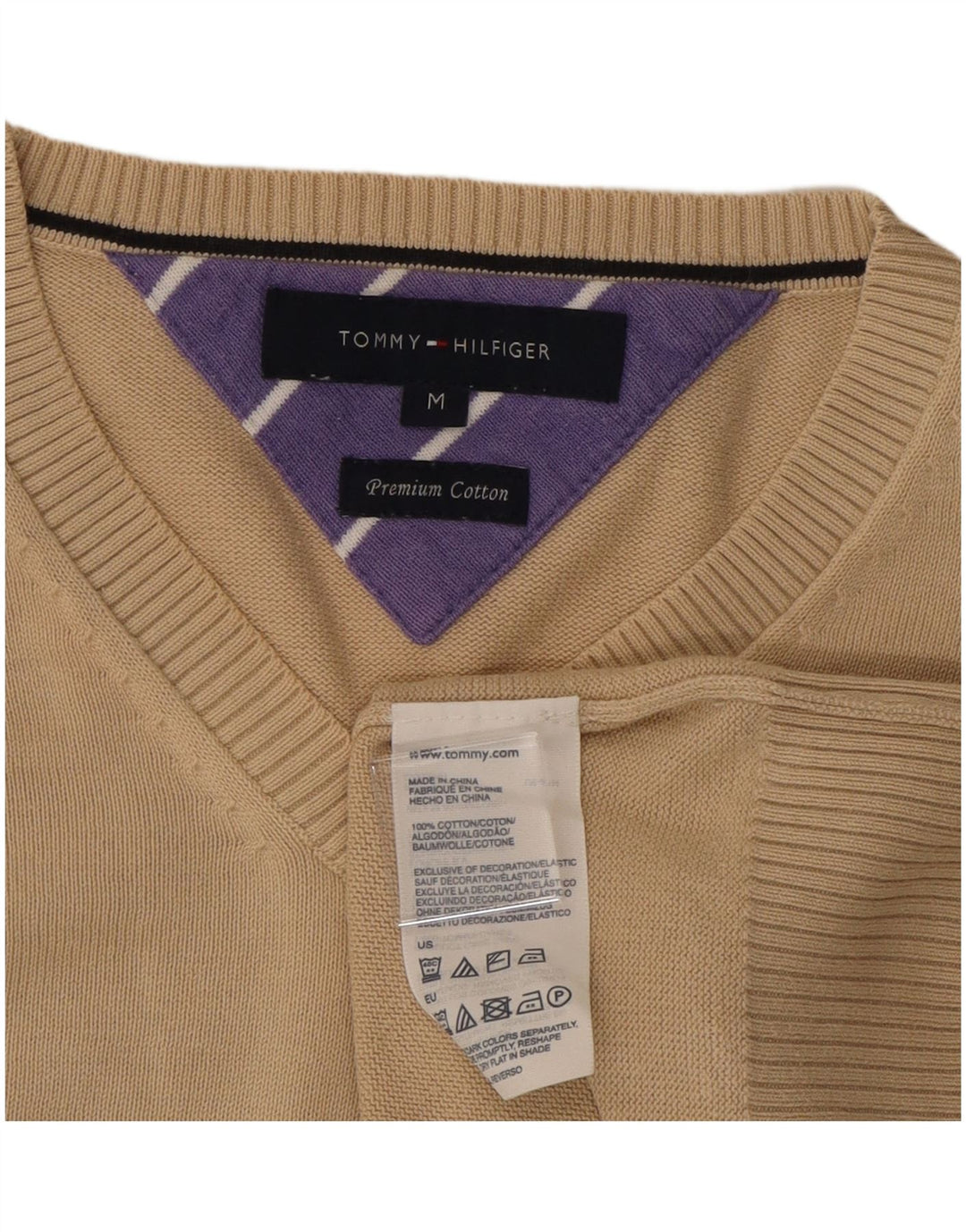 TOMMY HILFIGER Mens V-Neck Jumper Sweater Medium Beige Cotton