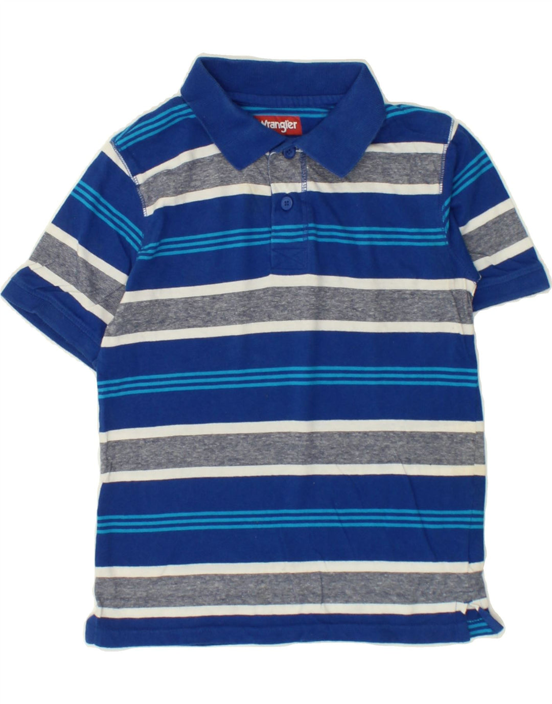 WRANGLER Boys Polo Shirt 7-8 Years Medium Blue Striped Cotton Vintage Wrangler and Second-Hand Wrangler from Messina Hembry 