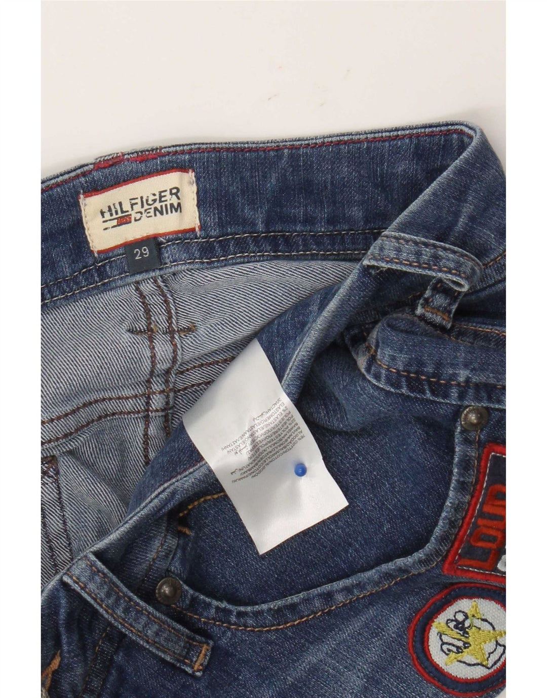 Pantaloncini di jeans grafici da donna Tommy Hilfiger W29 cotone blu medio
