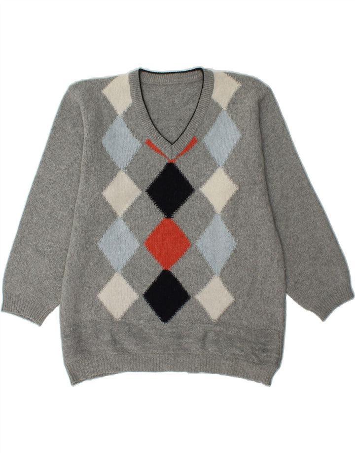 VINTAGE Mens V-Neck Jumper Sweater Medium Grey Argyle/Diamond Vintage Vintage and Second-Hand Vintage from Messina Hembry 