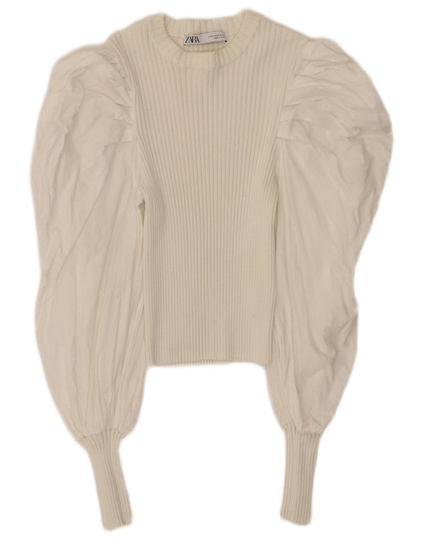 Camicetta corta a maniche lunghe da donna Zara UK 12 cotone bianco medio