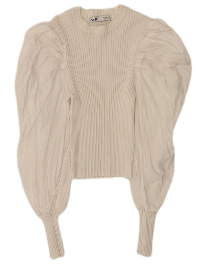 Camicetta corta a maniche lunghe da donna Zara UK 12 cotone bianco medio