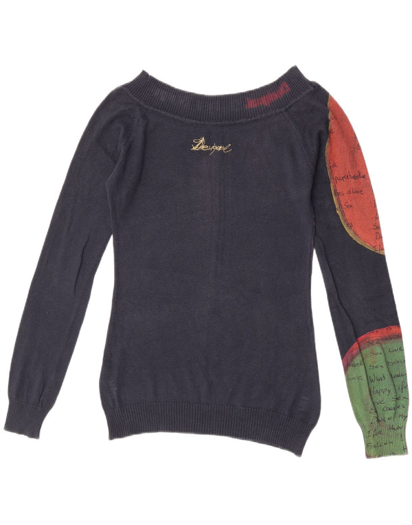 Desigual Donna Maglione con scollo a barchetta con grafica UK 10 Small Blu Navy