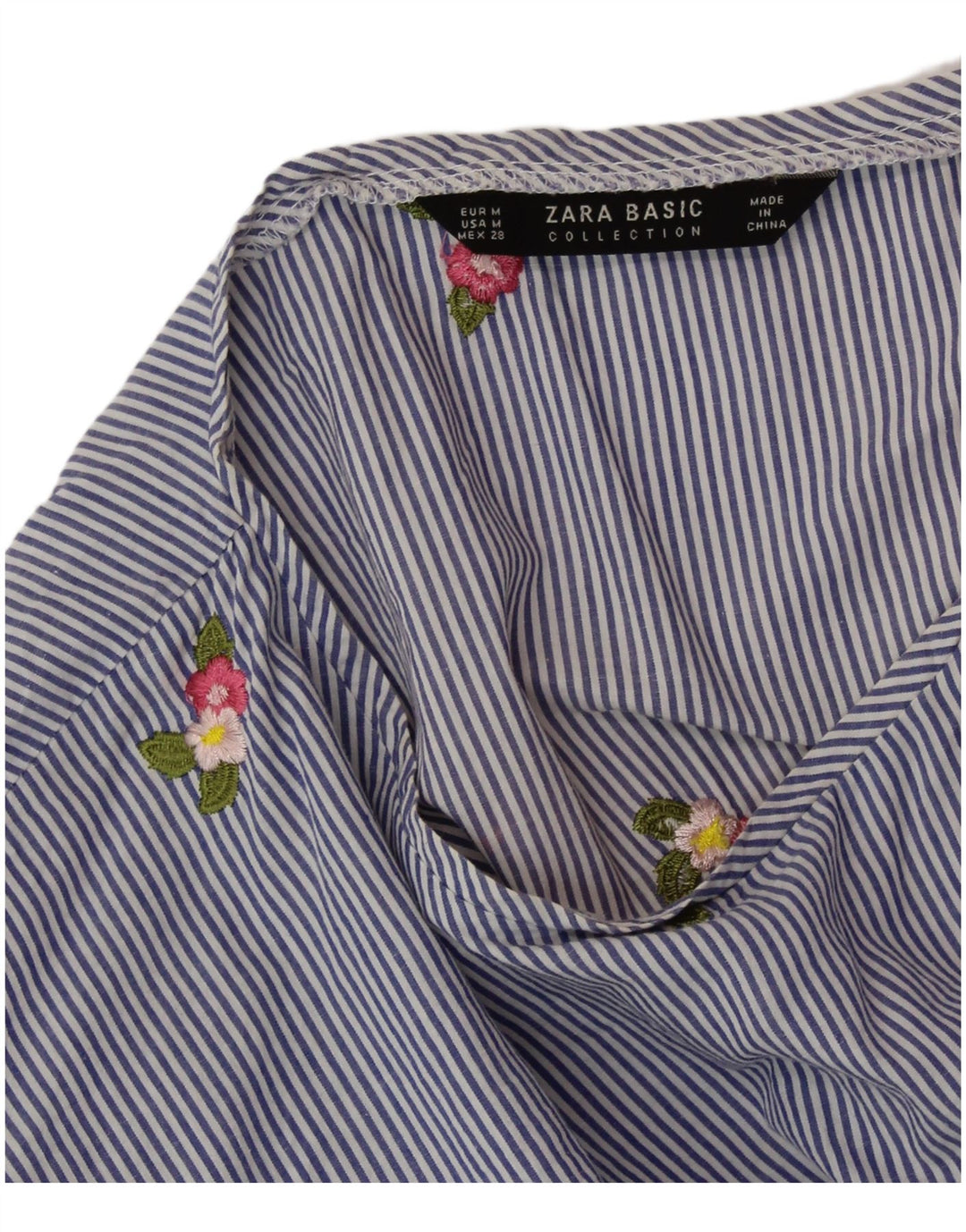 ZARA Camicetta Corta da Donna Top UK 14 Blu Medio Gessato