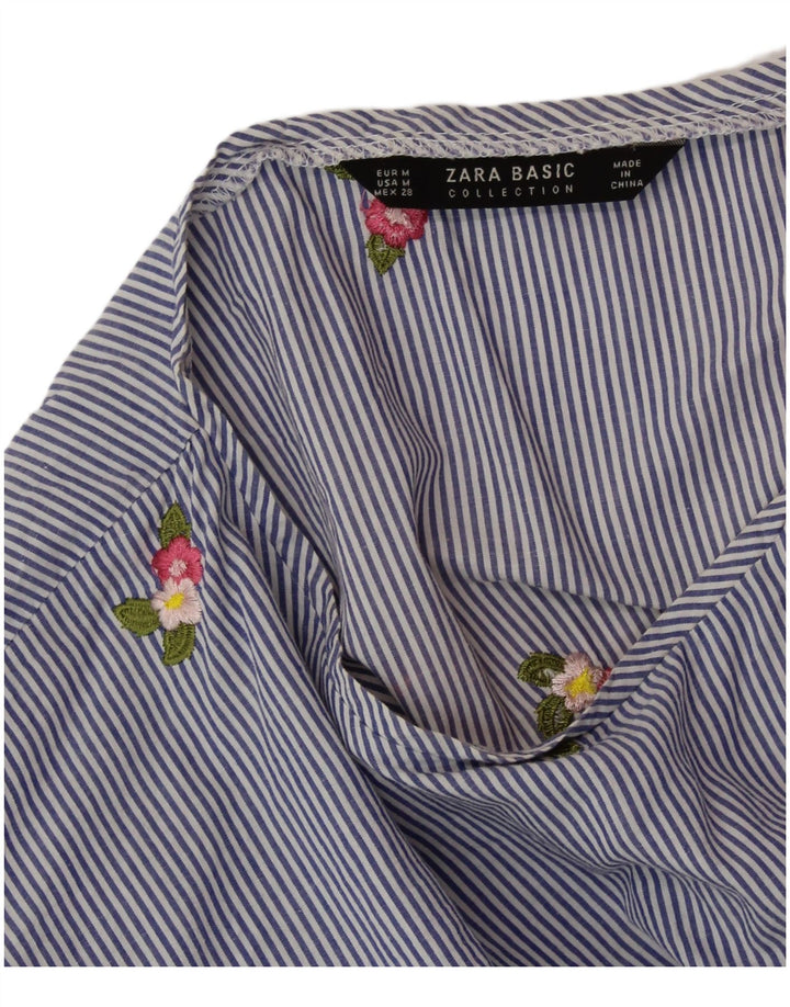 ZARA Camicetta Corta da Donna Top UK 14 Blu Medio Gessato