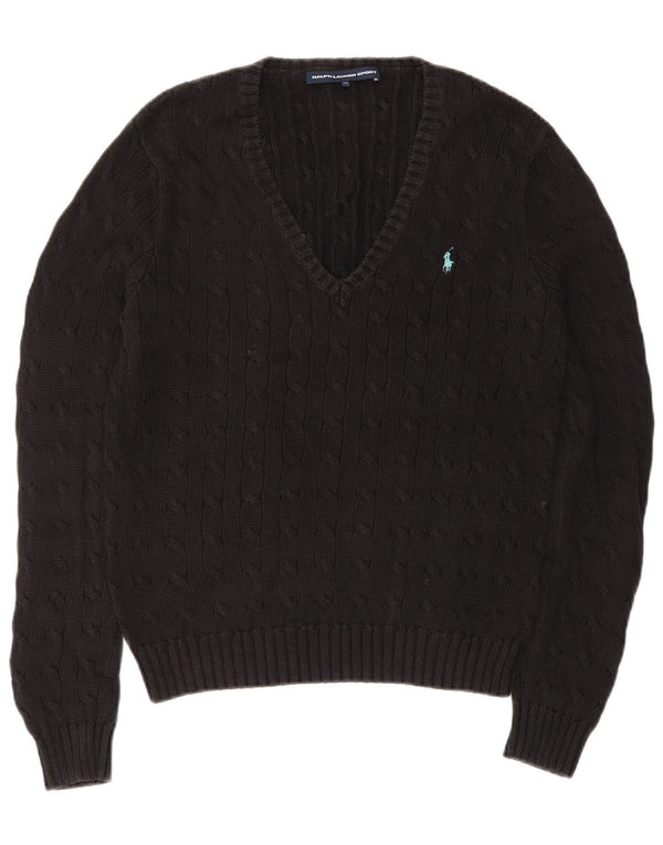 Maglione maglione con scollo a V da donna Ralph Lauren UK 18 XL cotone nero