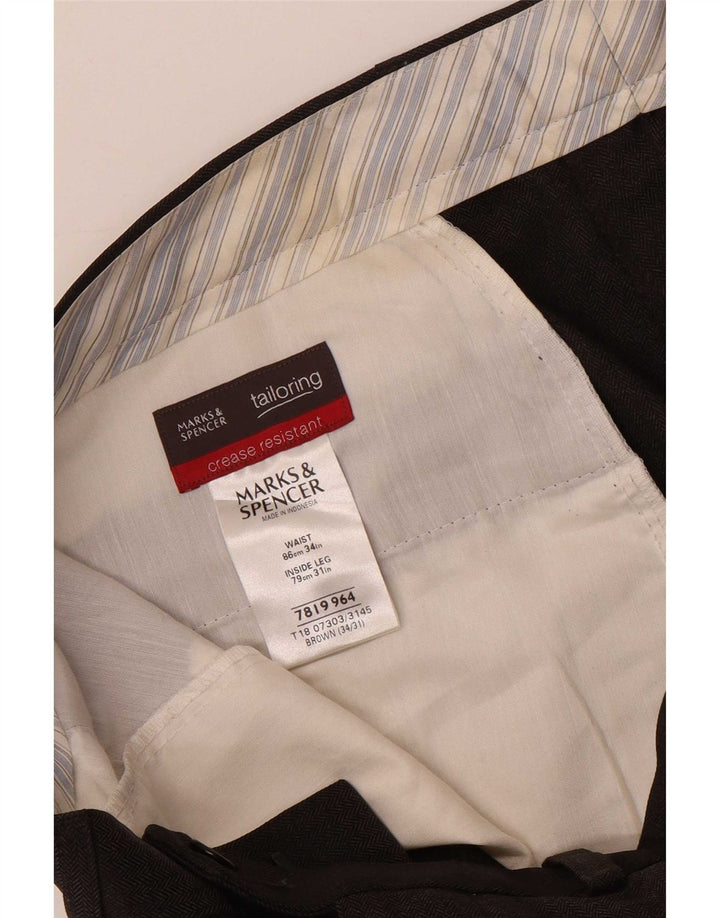 Pantaloni da abito dritti da uomo Marks & Spencer W34 L31 Marrone a spina di pesce