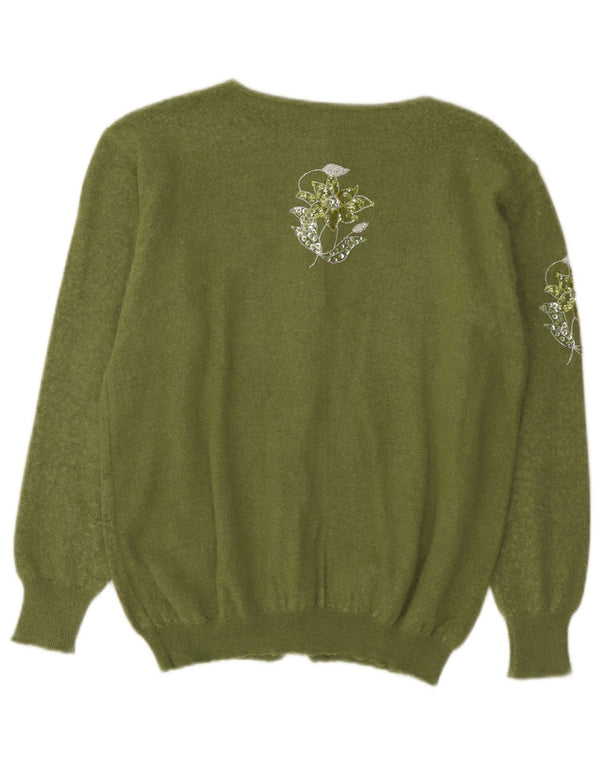 Maglione cardigan da donna VINTAGE UK 12 Angora floreale verde medio