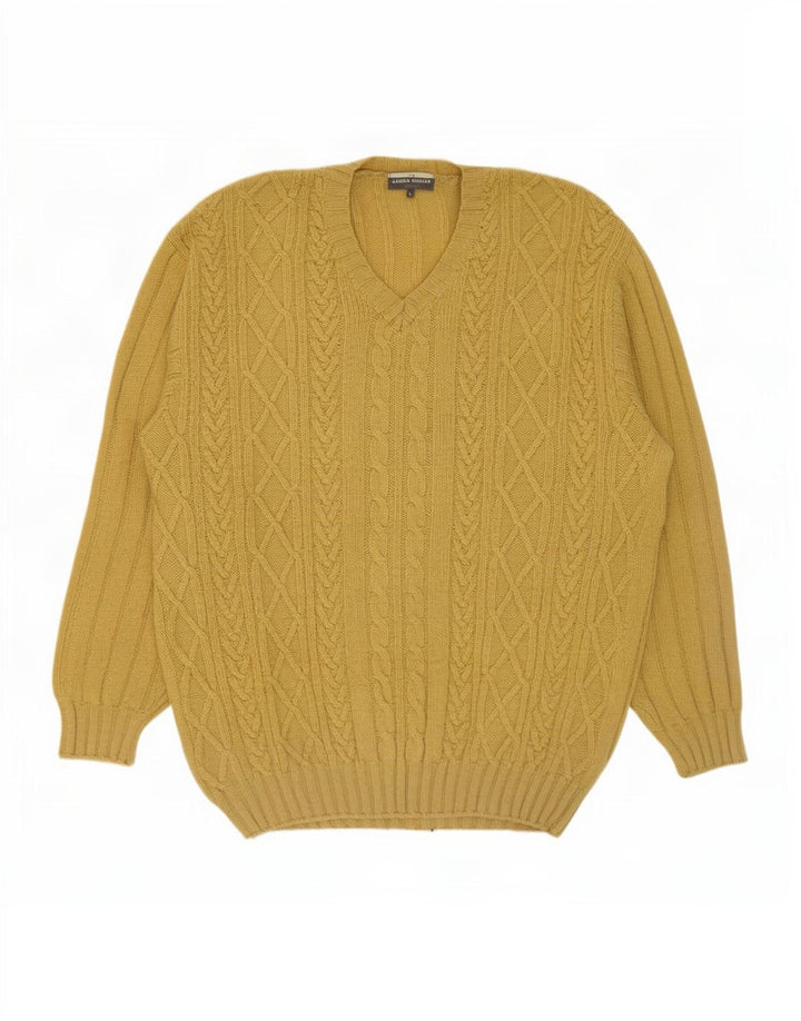 Maglione da uomo con scollo a V James Dillon, lana vergine di colore giallo grande