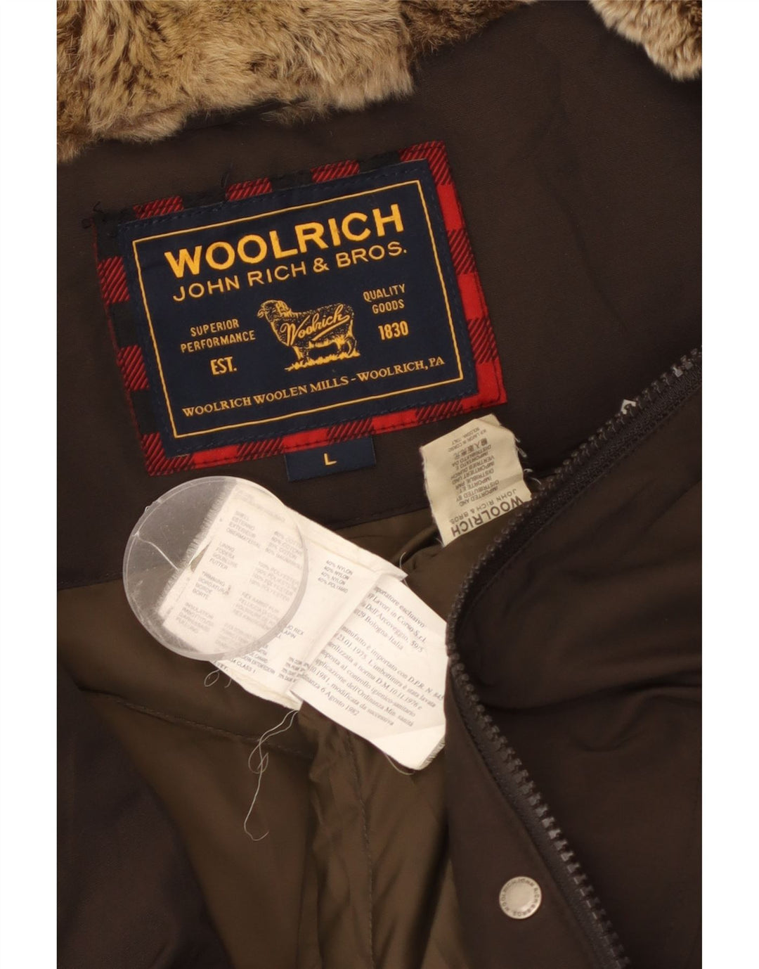 Giacca imbottita con cappuccio da donna Woolrich UK 16 grande cotone kaki