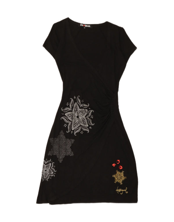Desigual Donna Abito A-Line UK 12 Medio Nero Paisley Viscosa