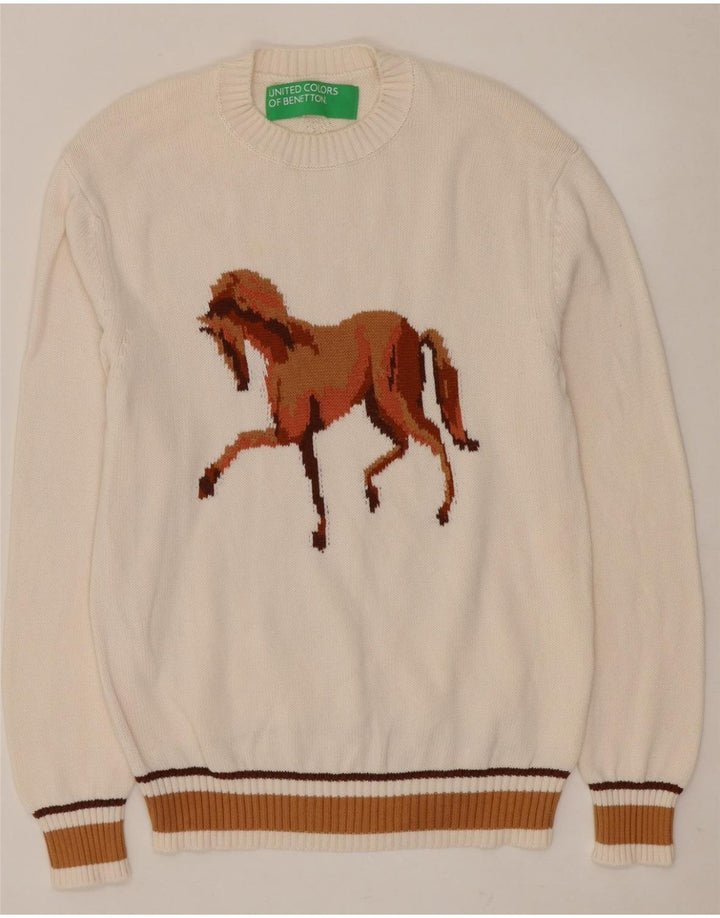 BENETTON Maglione girocollo con grafica da donna UK 14 Medio Bianco