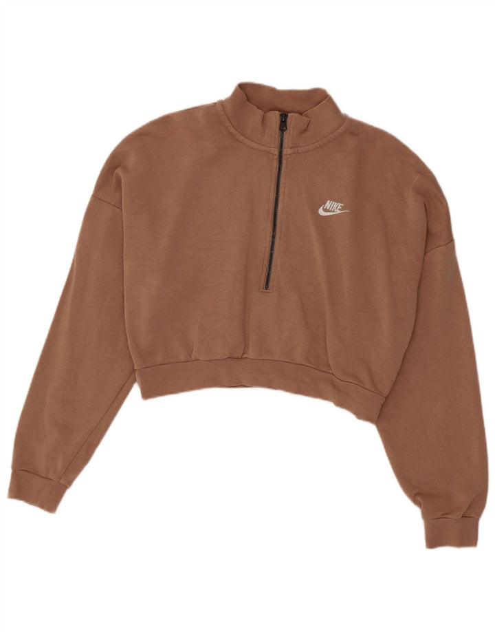 Felpa Nike da donna con collo corto e zip, maglione, UK 14, cotone marrone medio
