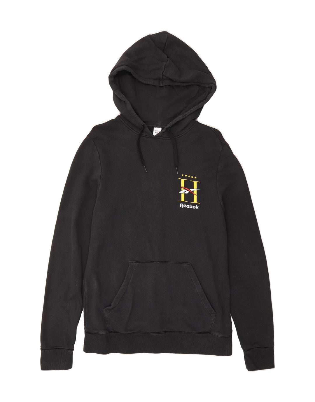 REEBOK Mens Graphic Hoodie Jumper Medium Black Cotton Vintage Reebok and Second-Hand Reebok from Messina Hembry 