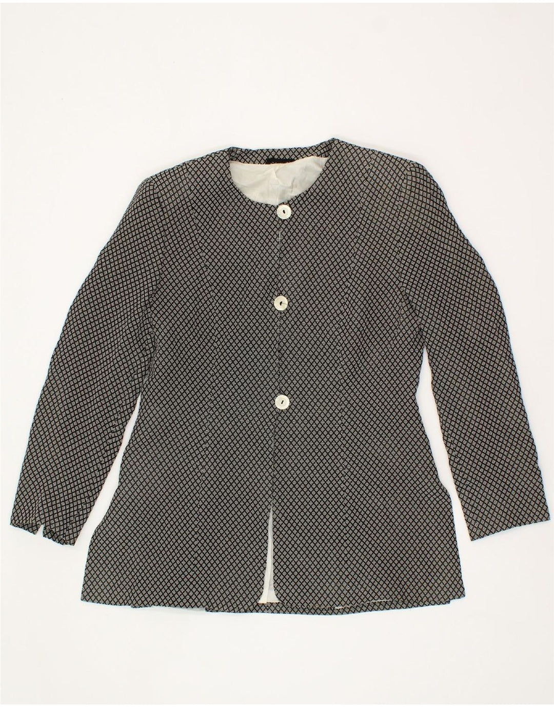 VINTAGE Womens 3 Button Blazer Jacket UK 14 Large Black Geometric Viscose Vintage Vintage and Second-Hand Vintage from Messina Hembry 