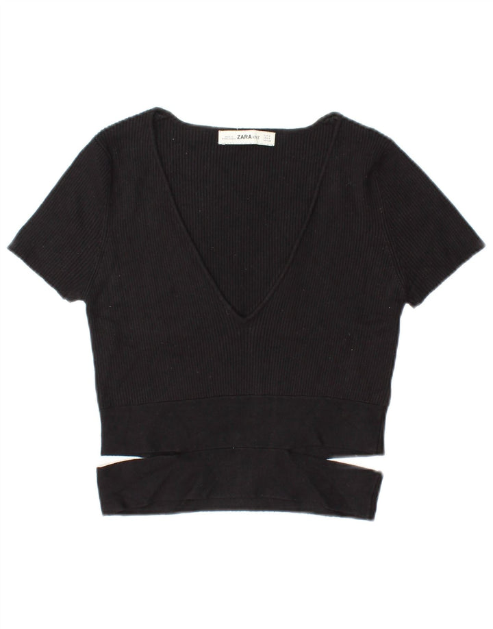 ZARA Womens Crop Blouse Top UK 12 Medium Black Viscose
